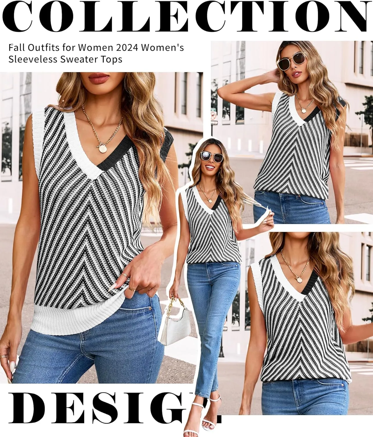 MARZXIN Women Sleeveless Sweater V Neck Casual 2025 Knitted Chevron V Neck Sweater Vest Color Block Pullover Sweater Top