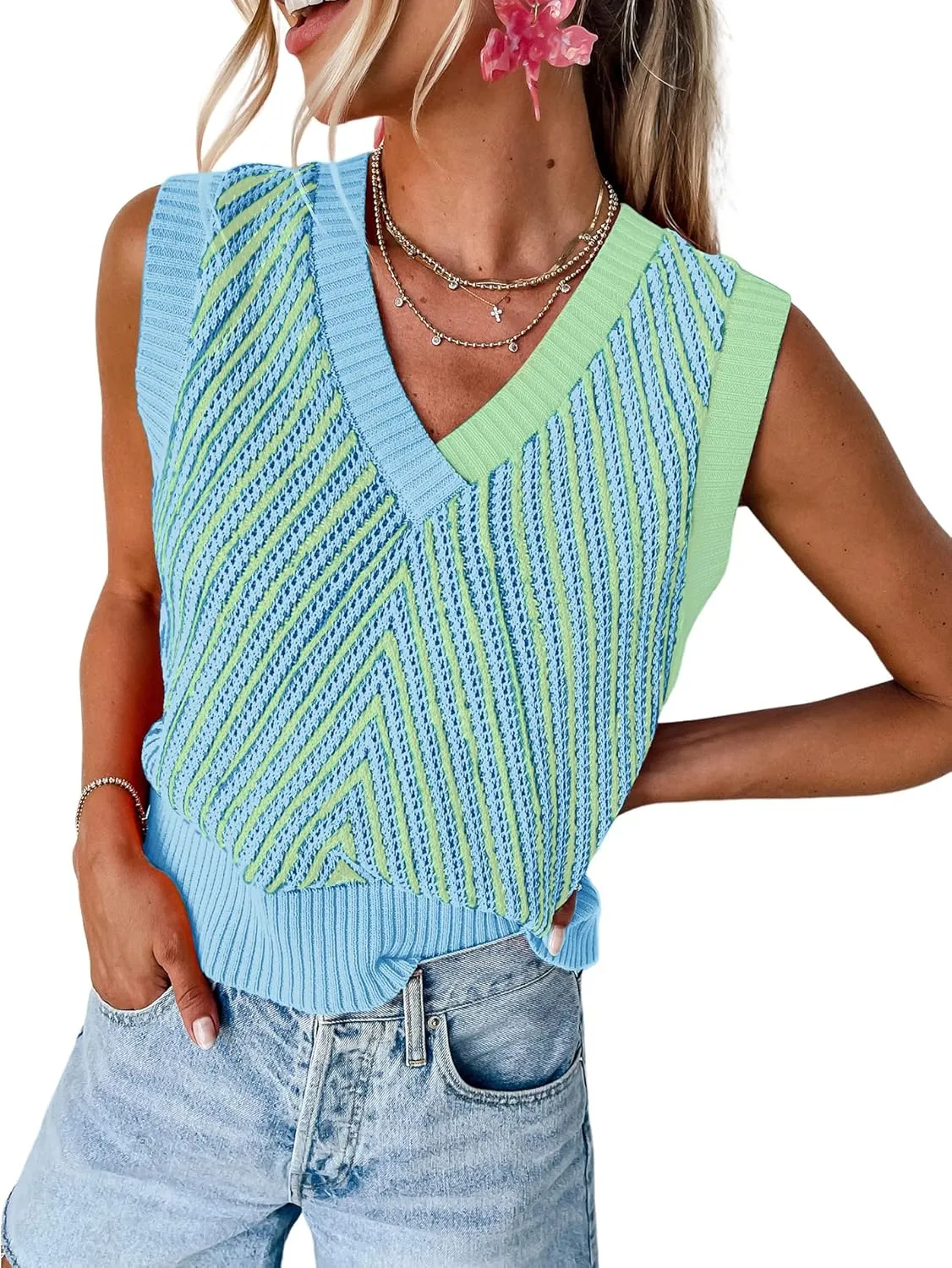 MARZXIN Women Sleeveless Sweater V Neck Casual 2025 Knitted Chevron V Neck Sweater Vest Color Block Pullover Sweater Top