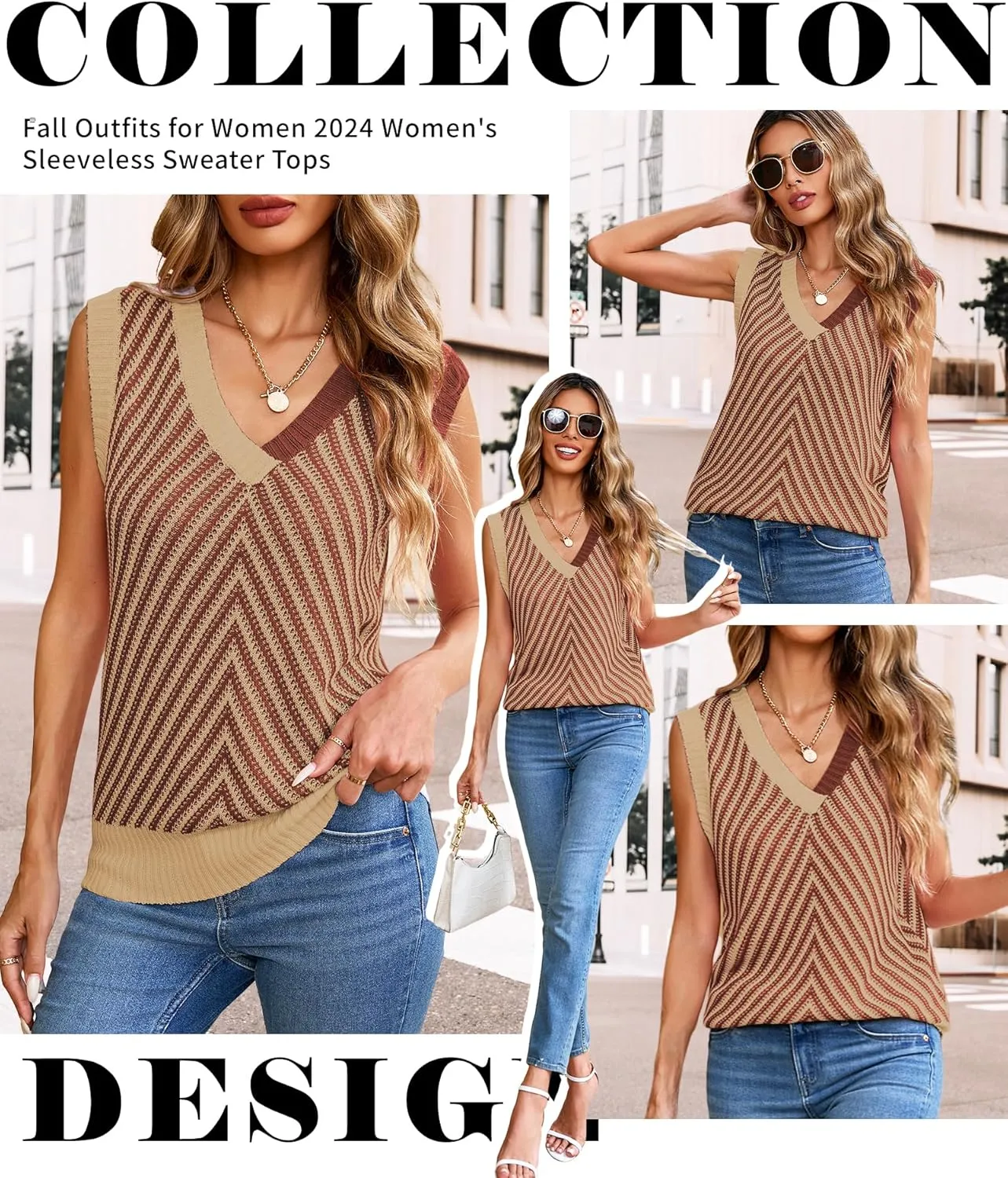 MARZXIN Women Sleeveless Sweater V Neck Casual 2025 Knitted Chevron V Neck Sweater Vest Color Block Pullover Sweater Top