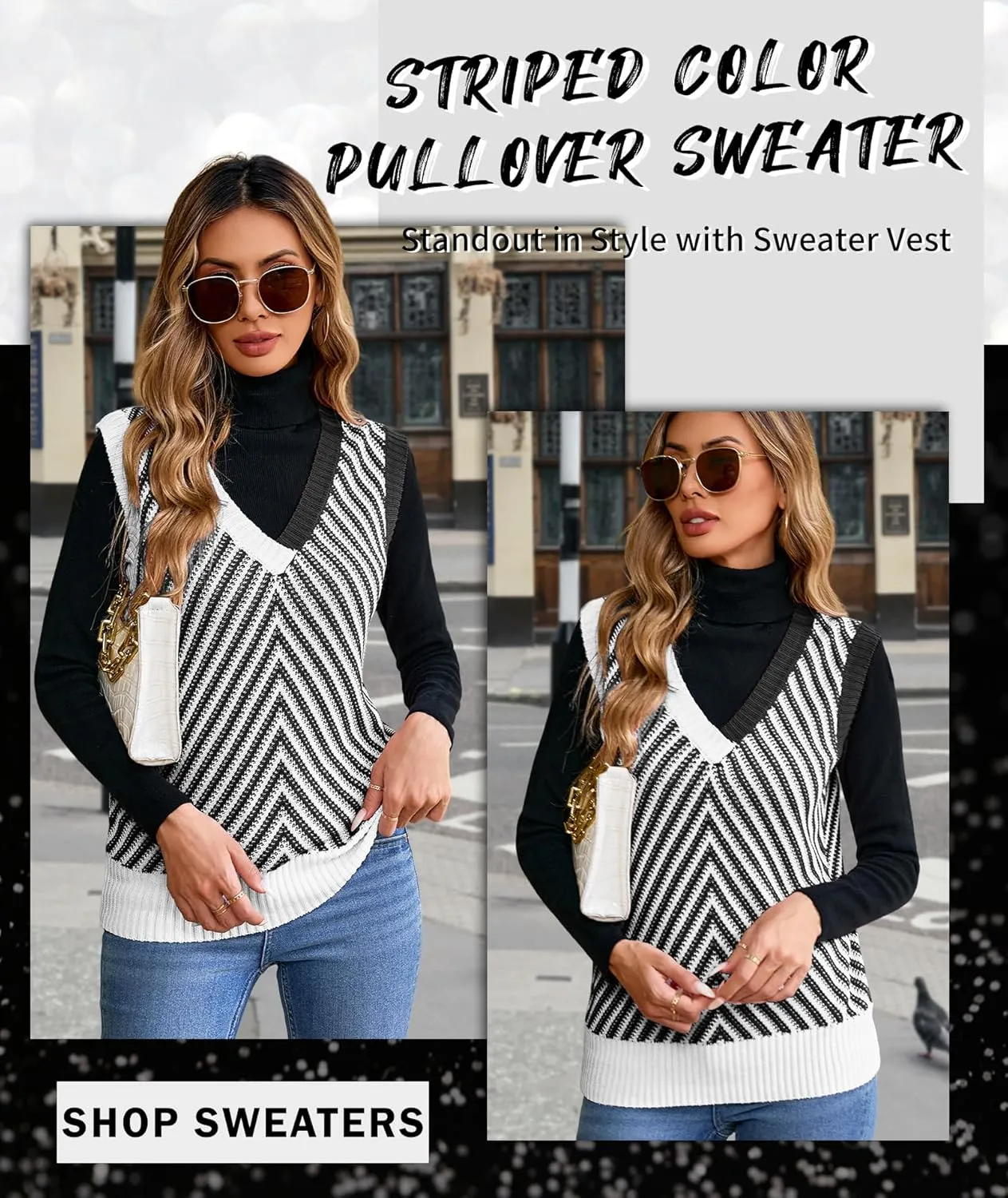 MARZXIN Women Sleeveless Sweater V Neck Casual 2025 Knitted Chevron V Neck Sweater Vest Color Block Pullover Sweater Top
