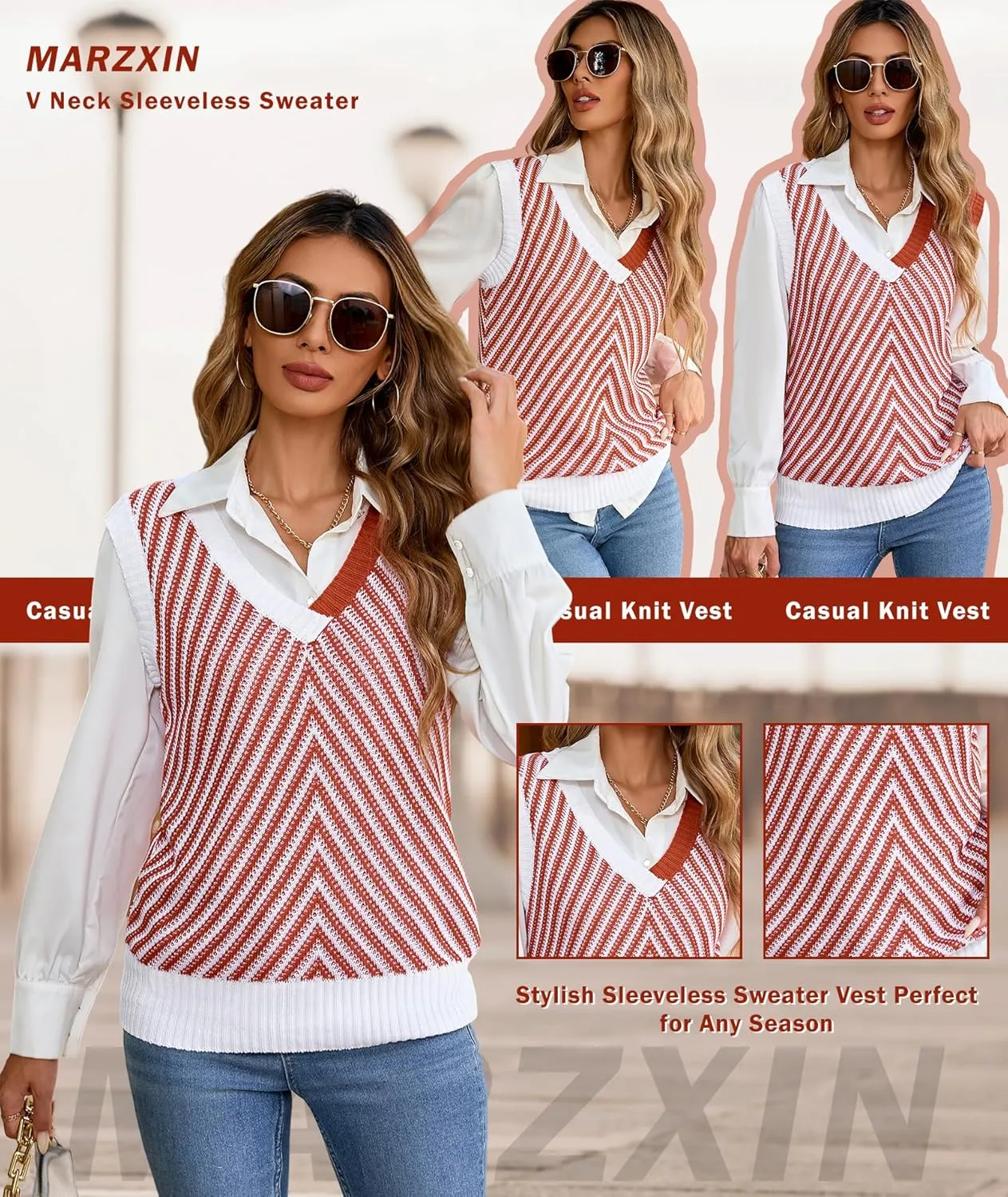 MARZXIN Women Sleeveless Sweater V Neck Casual 2025 Knitted Chevron V Neck Sweater Vest Color Block Pullover Sweater Top