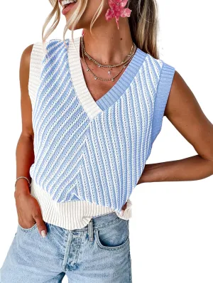 MARZXIN Women Sleeveless Sweater V Neck Casual 2025 Knitted Chevron V Neck Sweater Vest Color Block Pullover Sweater Top