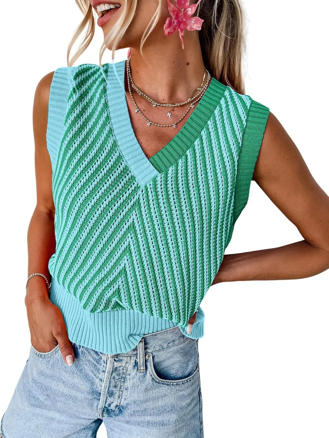 MARZXIN Women Sleeveless Sweater V Neck Casual 2025 Knitted Chevron V Neck Sweater Vest Color Block Pullover Sweater Top
