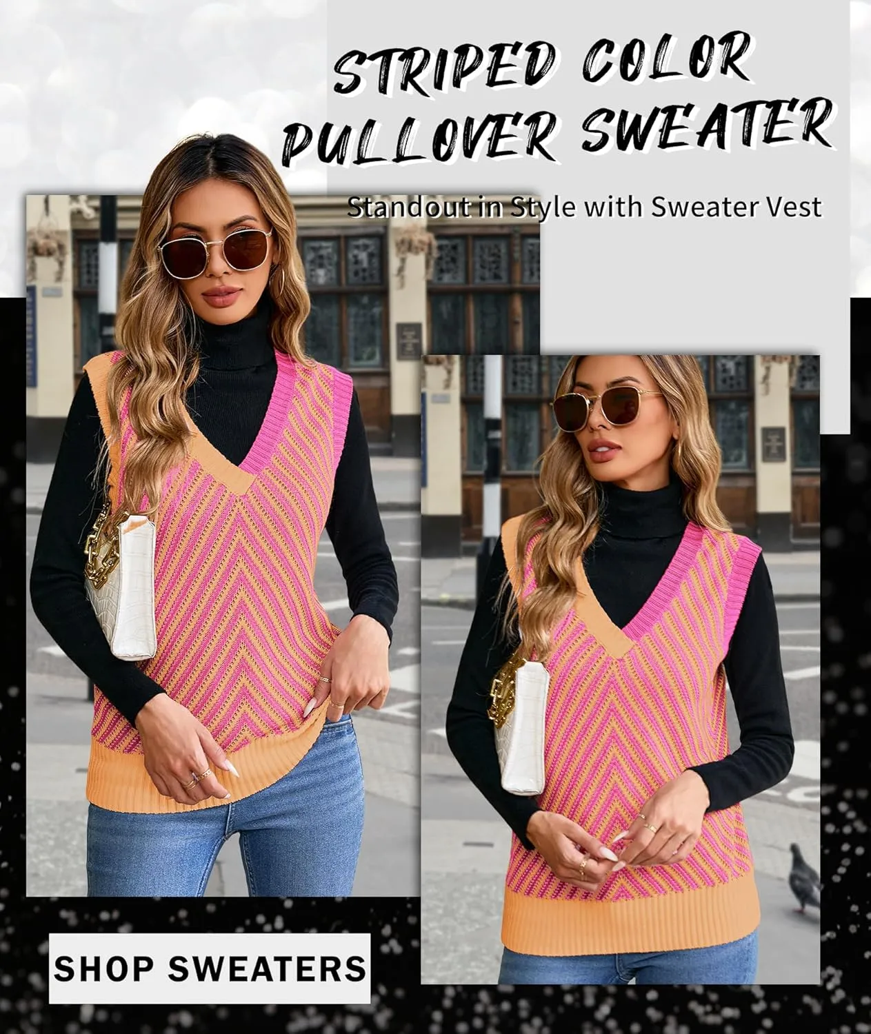 MARZXIN Women Sleeveless Sweater V Neck Casual 2025 Knitted Chevron V Neck Sweater Vest Color Block Pullover Sweater Top