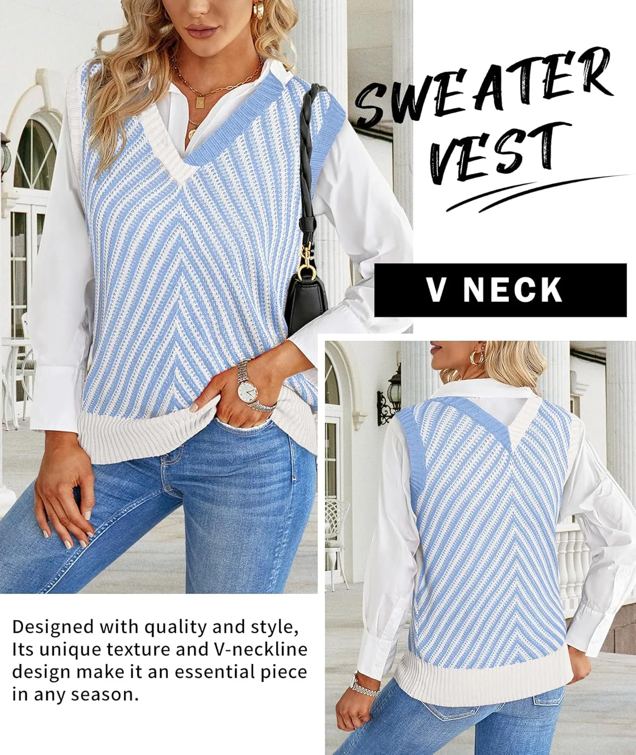 MARZXIN Women Sleeveless Sweater V Neck Casual 2025 Knitted Chevron V Neck Sweater Vest Color Block Pullover Sweater Top