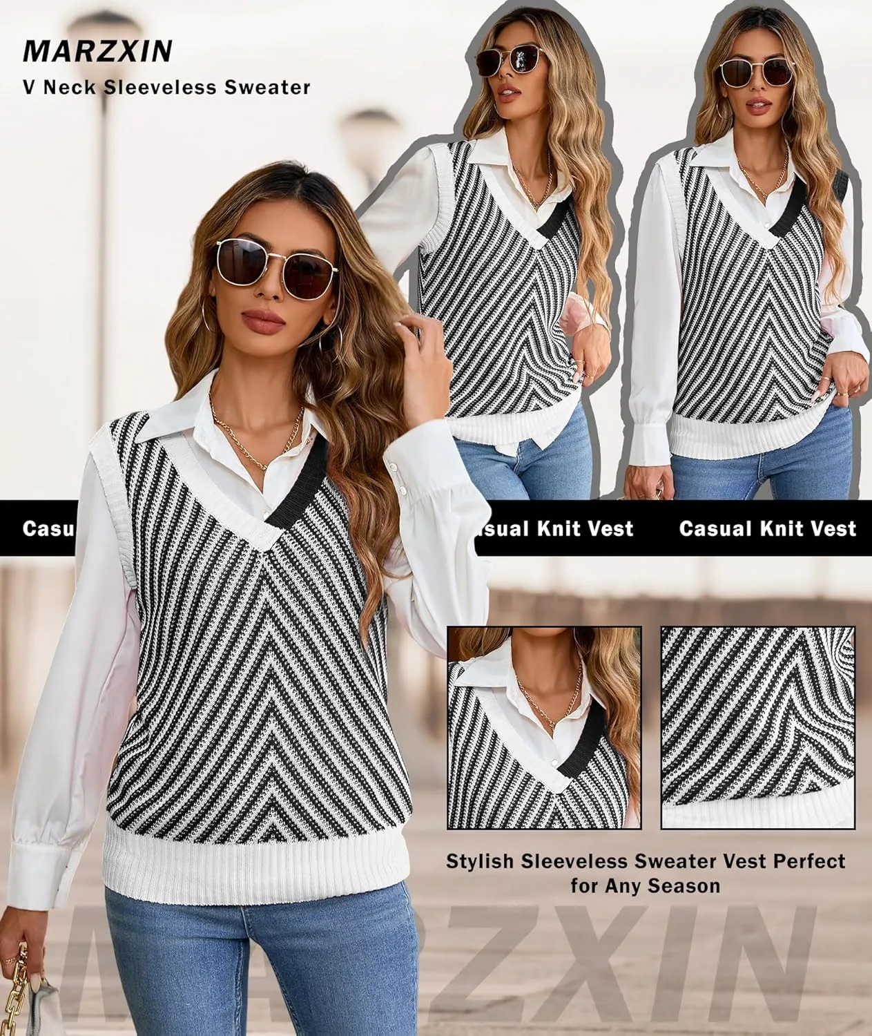 MARZXIN Women Sleeveless Sweater V Neck Casual 2025 Knitted Chevron V Neck Sweater Vest Color Block Pullover Sweater Top