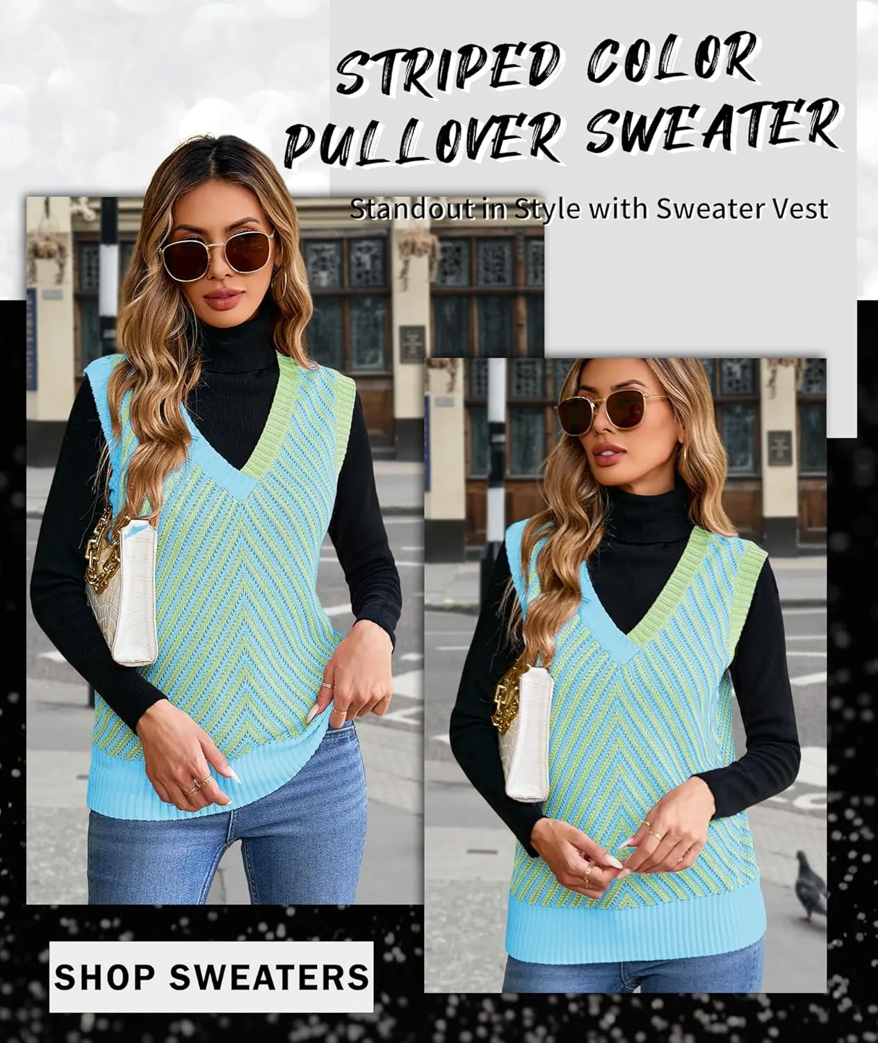 MARZXIN Women Sleeveless Sweater V Neck Casual 2025 Knitted Chevron V Neck Sweater Vest Color Block Pullover Sweater Top