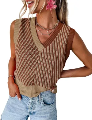 MARZXIN Women Sleeveless Sweater V Neck Casual 2025 Knitted Chevron V Neck Sweater Vest Color Block Pullover Sweater Top