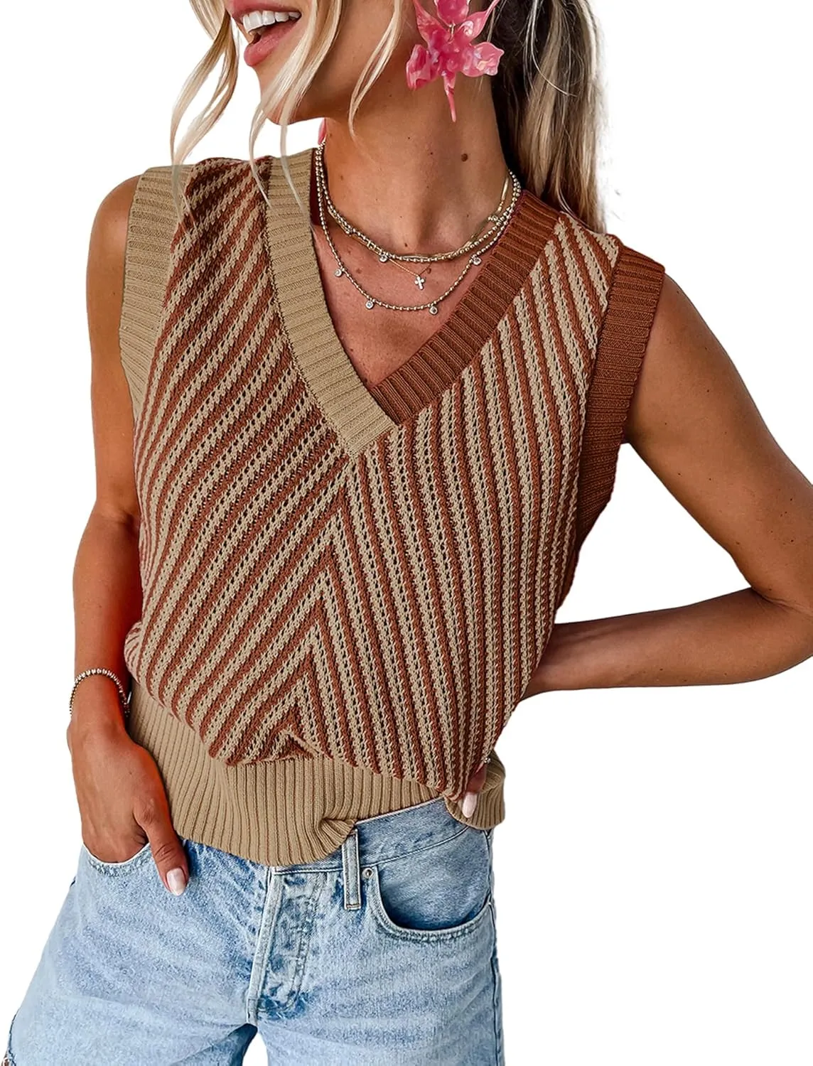 MARZXIN Women Sleeveless Sweater V Neck Casual 2025 Knitted Chevron V Neck Sweater Vest Color Block Pullover Sweater Top