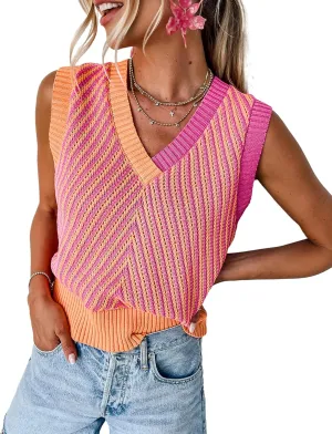 MARZXIN Women Sleeveless Sweater V Neck Casual 2025 Knitted Chevron V Neck Sweater Vest Color Block Pullover Sweater Top