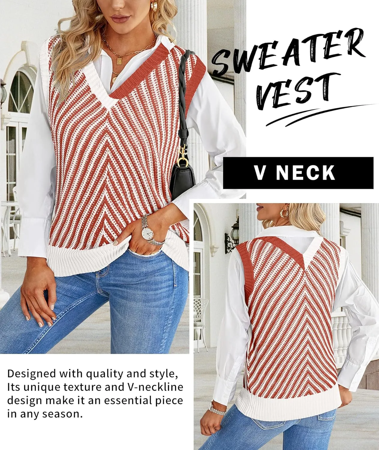 MARZXIN Women Sleeveless Sweater V Neck Casual 2025 Knitted Chevron V Neck Sweater Vest Color Block Pullover Sweater Top