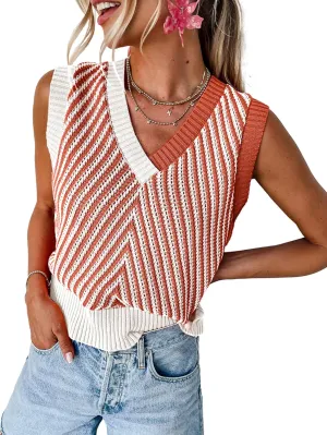 MARZXIN Women Sleeveless Sweater V Neck Casual 2025 Knitted Chevron V Neck Sweater Vest Color Block Pullover Sweater Top