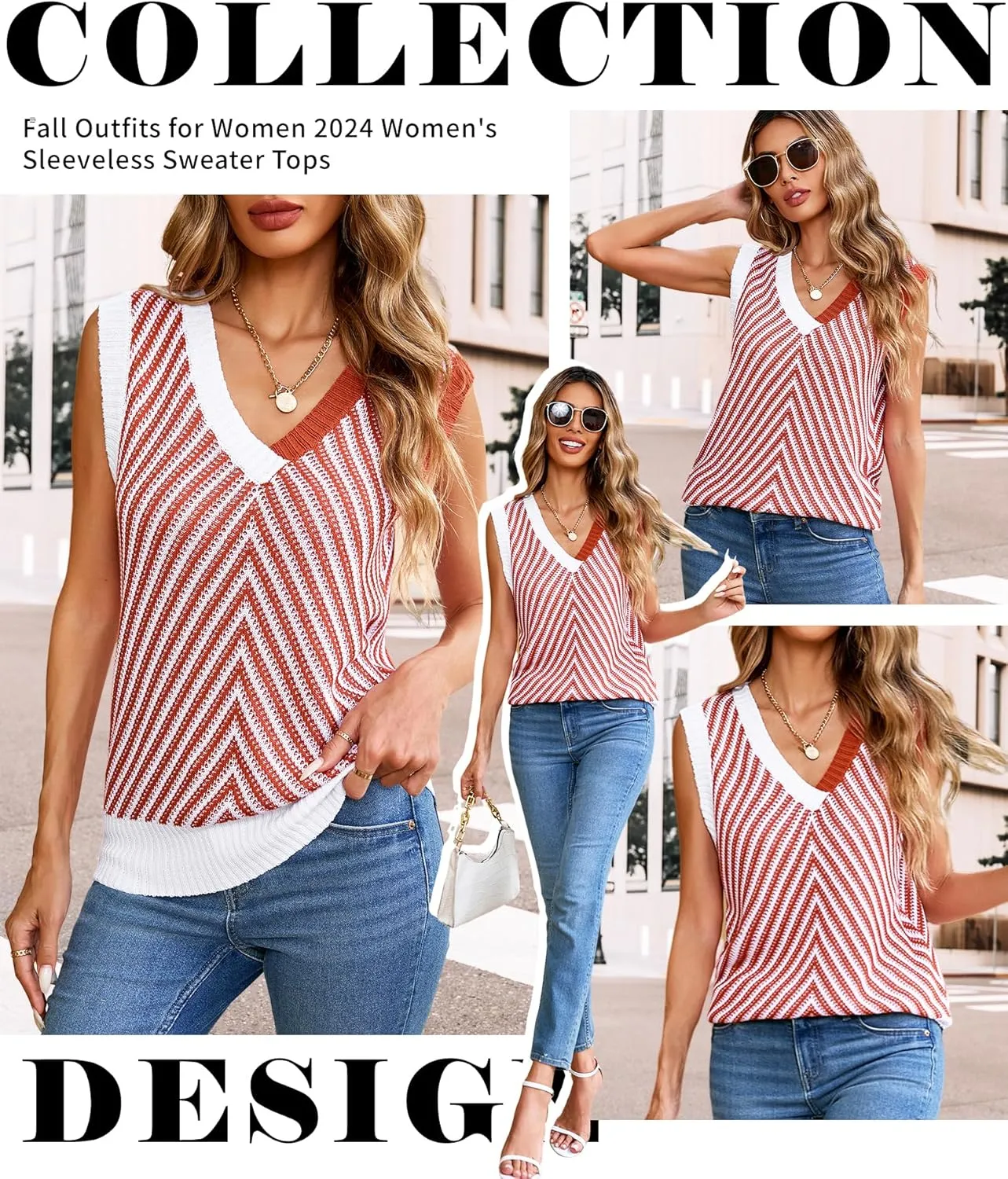 MARZXIN Women Sleeveless Sweater V Neck Casual 2025 Knitted Chevron V Neck Sweater Vest Color Block Pullover Sweater Top
