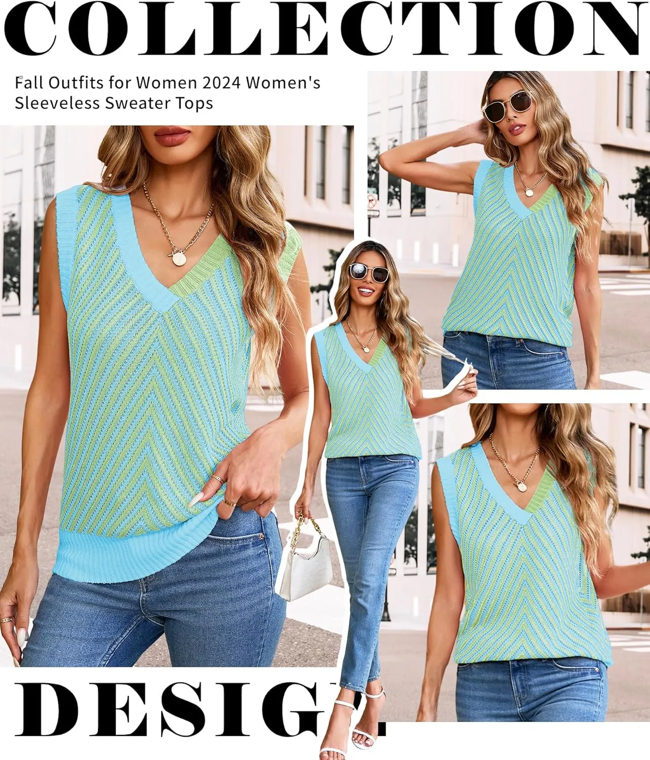 MARZXIN Women Sleeveless Sweater V Neck Casual 2025 Knitted Chevron V Neck Sweater Vest Color Block Pullover Sweater Top