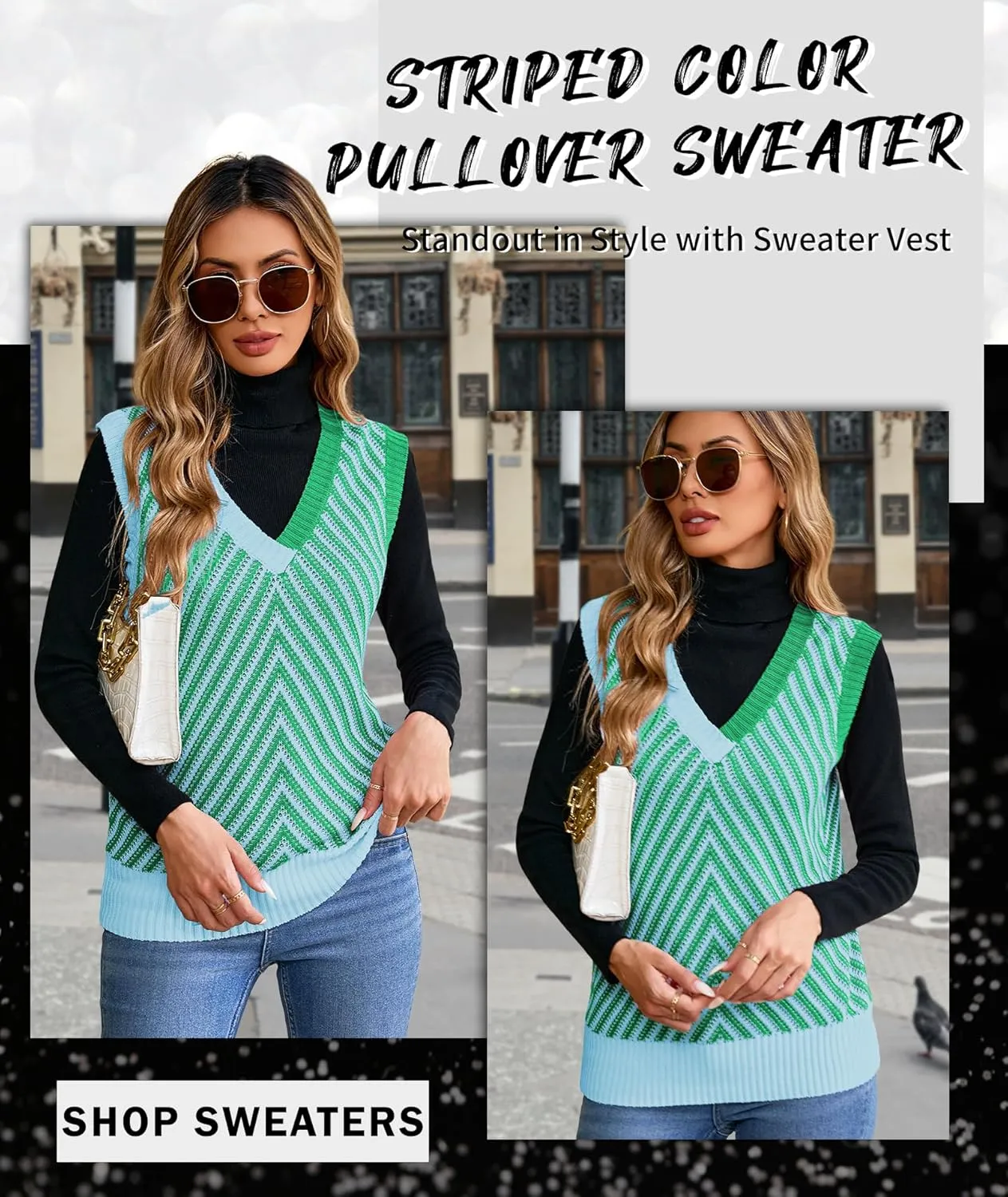 MARZXIN Women Sleeveless Sweater V Neck Casual 2025 Knitted Chevron V Neck Sweater Vest Color Block Pullover Sweater Top