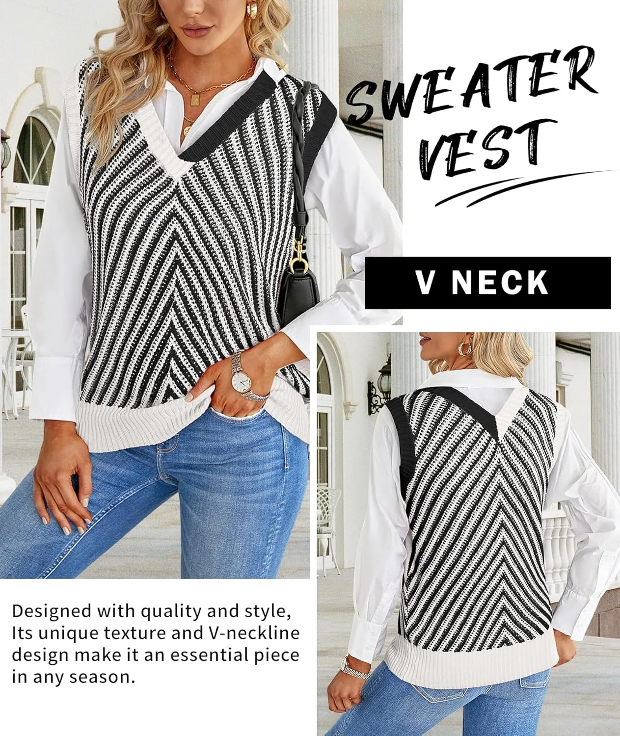 MARZXIN Women Sleeveless Sweater V Neck Casual 2025 Knitted Chevron V Neck Sweater Vest Color Block Pullover Sweater Top