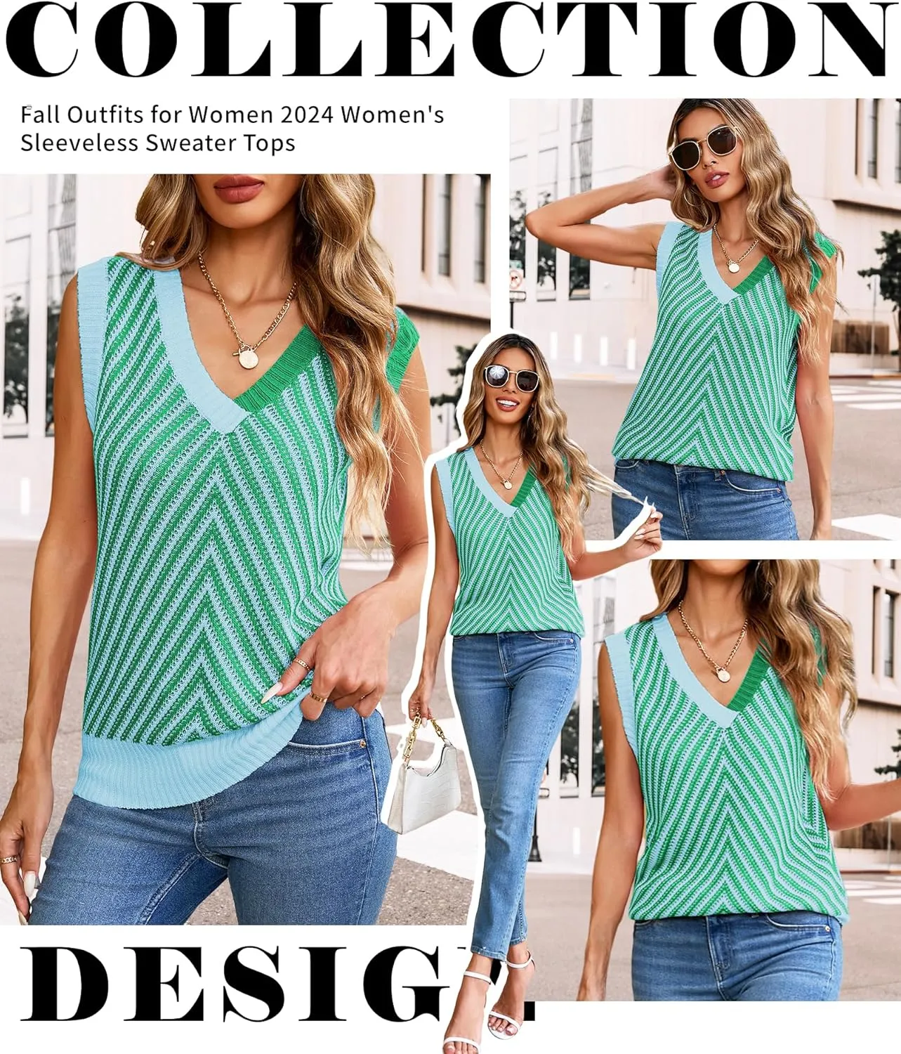 MARZXIN Women Sleeveless Sweater V Neck Casual 2025 Knitted Chevron V Neck Sweater Vest Color Block Pullover Sweater Top