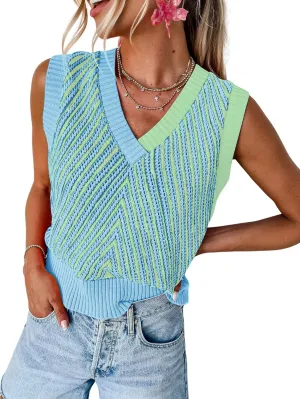 MARZXIN Women Sleeveless Sweater V Neck Casual 2025 Knitted Chevron V Neck Sweater Vest Color Block Pullover Sweater Top