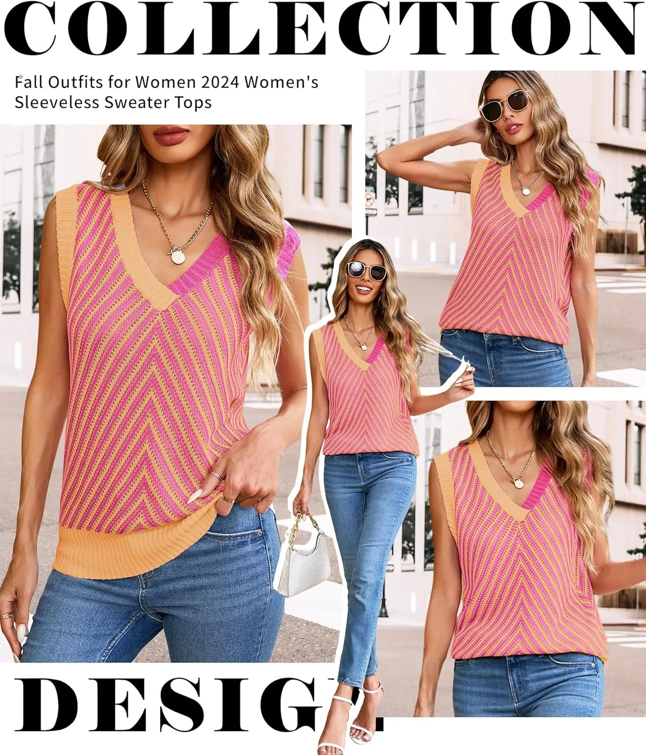 MARZXIN Women Sleeveless Sweater V Neck Casual 2025 Knitted Chevron V Neck Sweater Vest Color Block Pullover Sweater Top
