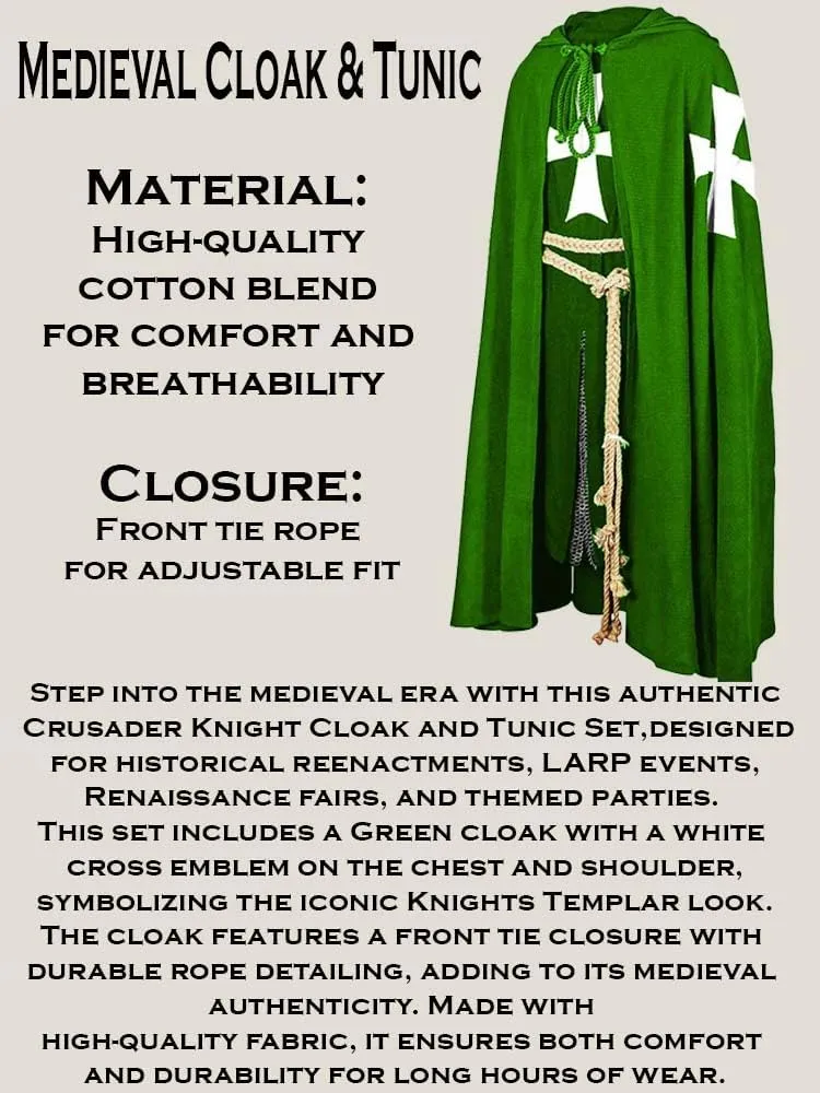 Medieval Crusader Knight Warrior Tunic & Cloak Hospitaller Costume Cross LARP Viking Surcoat Cosplay|Halloween Fairs