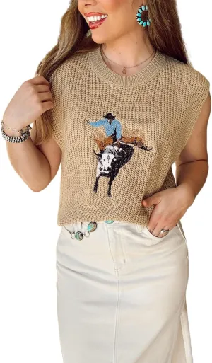 Melliflo Embroidered Western Cowboy Sweater Vest for Women Sleeveless Crewneck Sweater Knit Elegance Sweater Tops