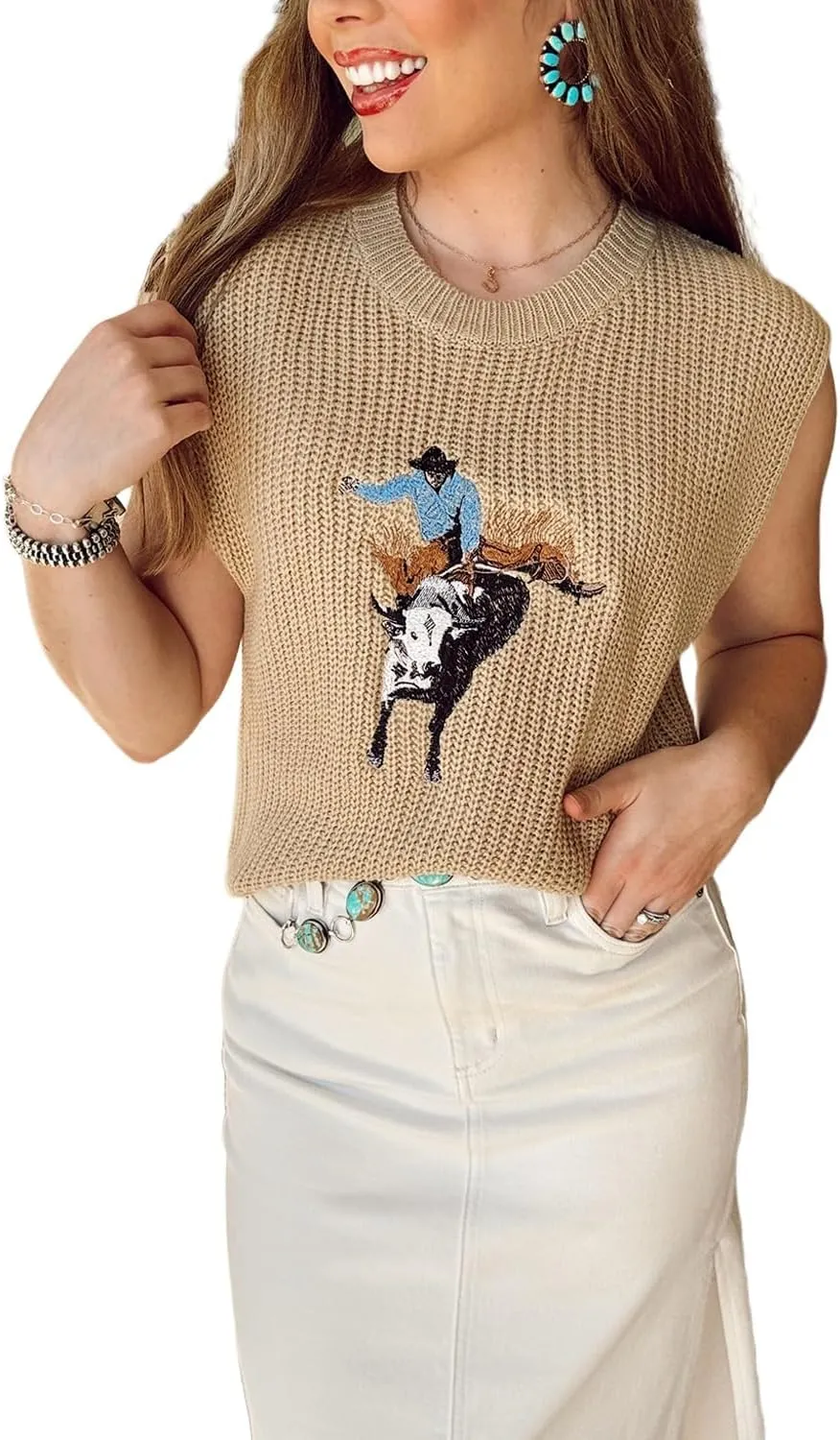Melliflo Embroidered Western Cowboy Sweater Vest for Women Sleeveless Crewneck Sweater Knit Elegance Sweater Tops