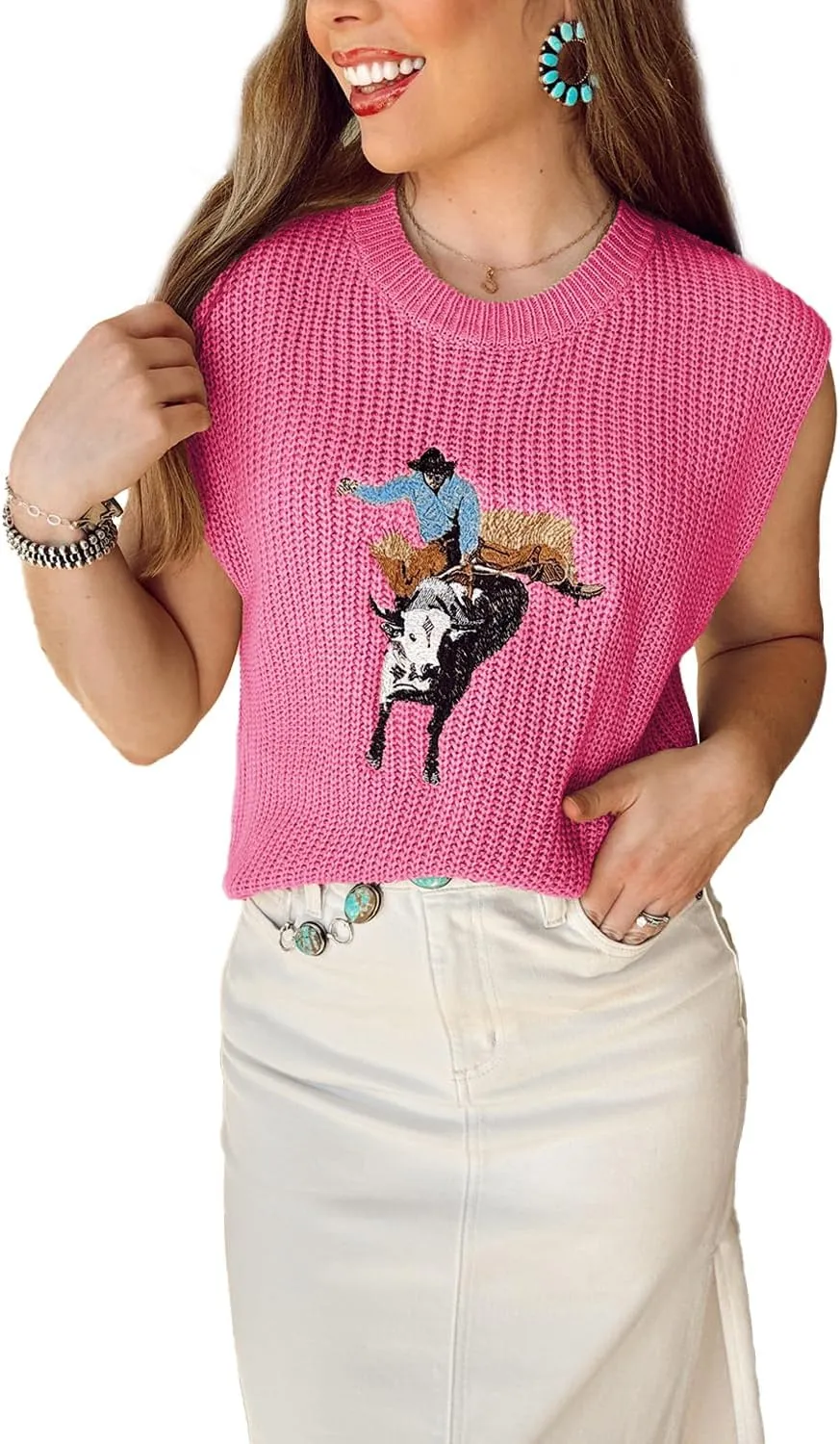 Melliflo Embroidered Western Cowboy Sweater Vest for Women Sleeveless Crewneck Sweater Knit Elegance Sweater Tops