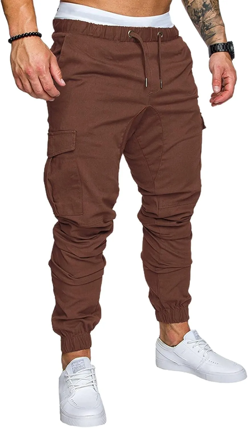 Men's Cargo Pants Solid Color Bandage Sweatpants Drawstring Elastic Waist Cargo Pants Slim Fit Casual Outdoor Trousers