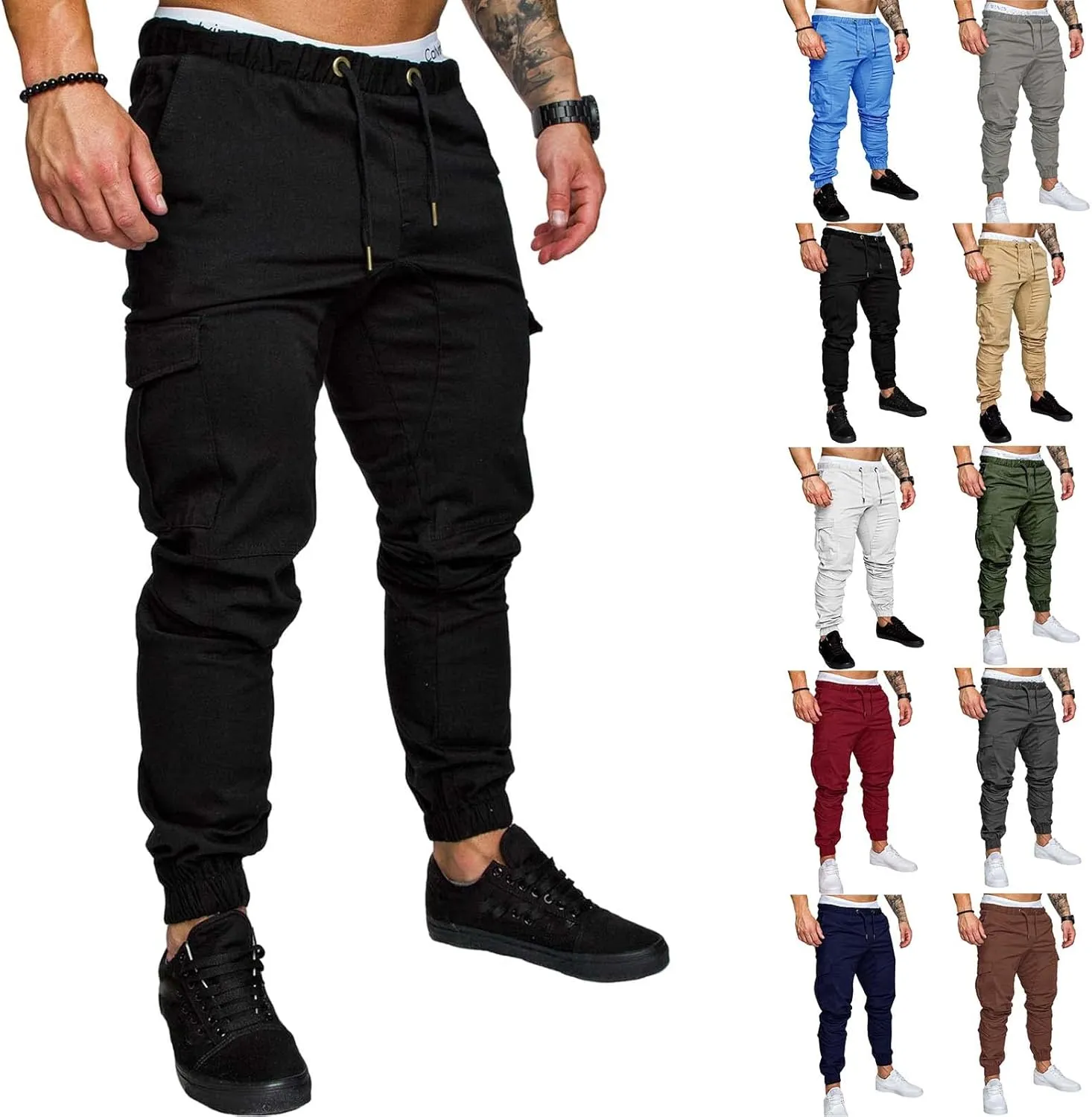 Men's Cargo Pants Solid Color Bandage Sweatpants Drawstring Elastic Waist Cargo Pants Slim Fit Casual Outdoor Trousers