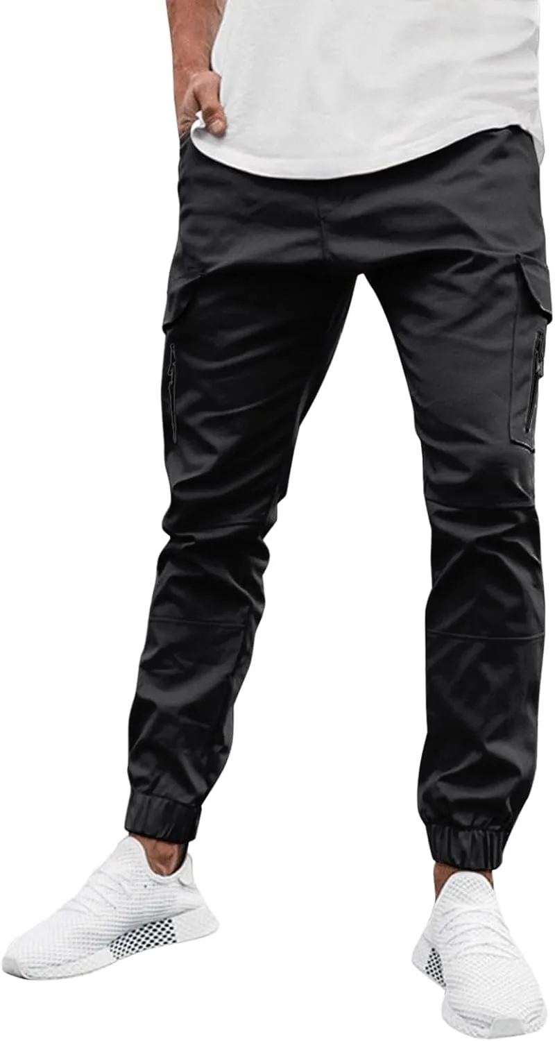 Men's Casual Cargo Sweatpants Side Zipper Pockets Pants Slim Fit Outdoor Pants Solid Color Lightweight Trouser Comfy