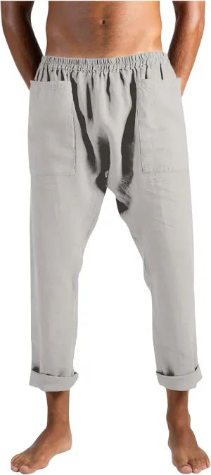 Mens Casual Elastic Waist Drawstring Cotton Linen Straight Lightweight Yoga Beach Summer Trousers Pants