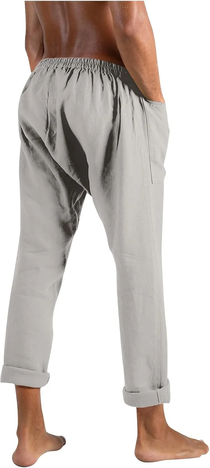 Mens Casual Elastic Waist Drawstring Cotton Linen Straight Lightweight Yoga Beach Summer Trousers Pants