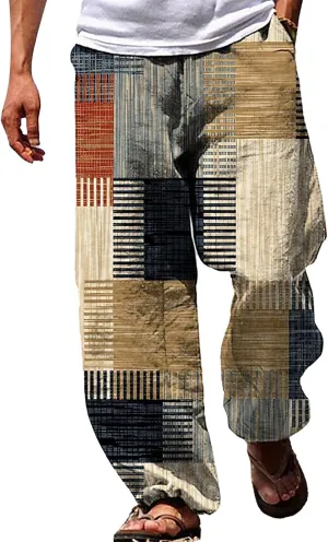 Mens Casual Linen Beach Pants Summer Fashion Jogger Yoga Linen Pants Loose Fit Relaxed Elastic Drawstring Waist
