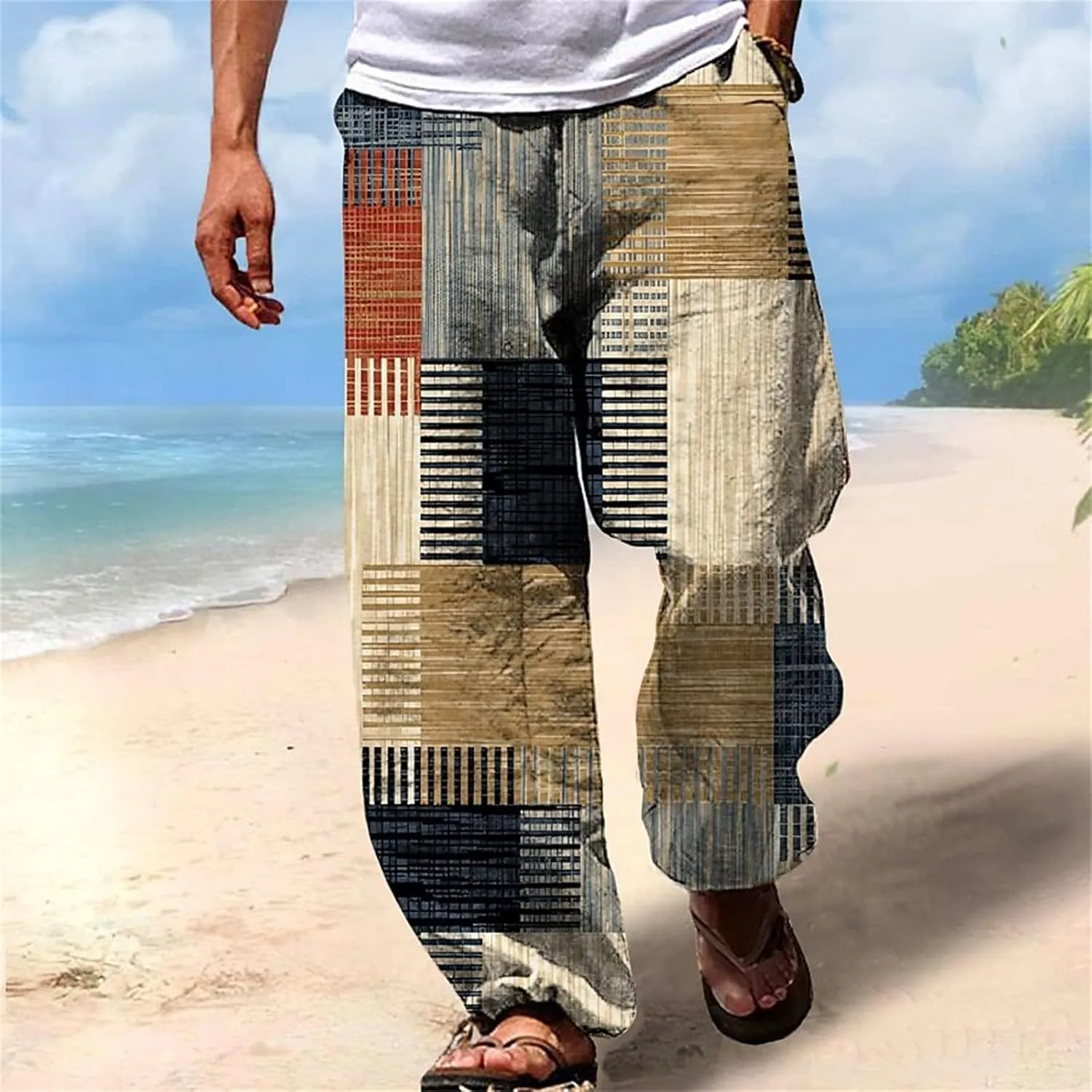 Mens Casual Linen Beach Pants Summer Fashion Jogger Yoga Linen Pants Loose Fit Relaxed Elastic Drawstring Waist