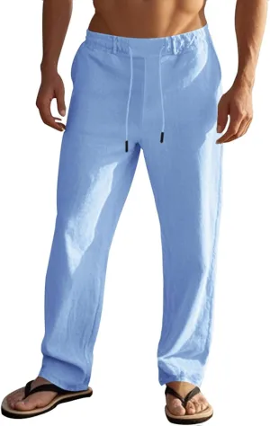 Mens Casual Linen Lightweight Elastic Waist Drawstring Summer Beach Trousers Pants