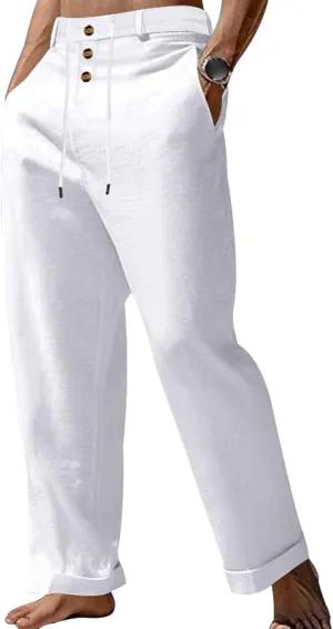 Mens Casual Linen Loose Fit Elastic Drawstring Lightweight Straight Legs Summer Beach Yoga Long Trousers Pants