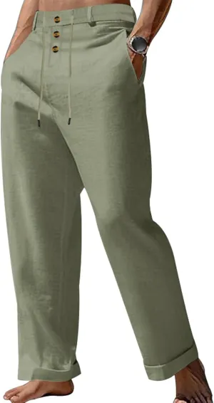 Mens Casual Linen Loose Fit Elastic Drawstring Lightweight Straight Legs Summer Beach Yoga Long Trousers Pants