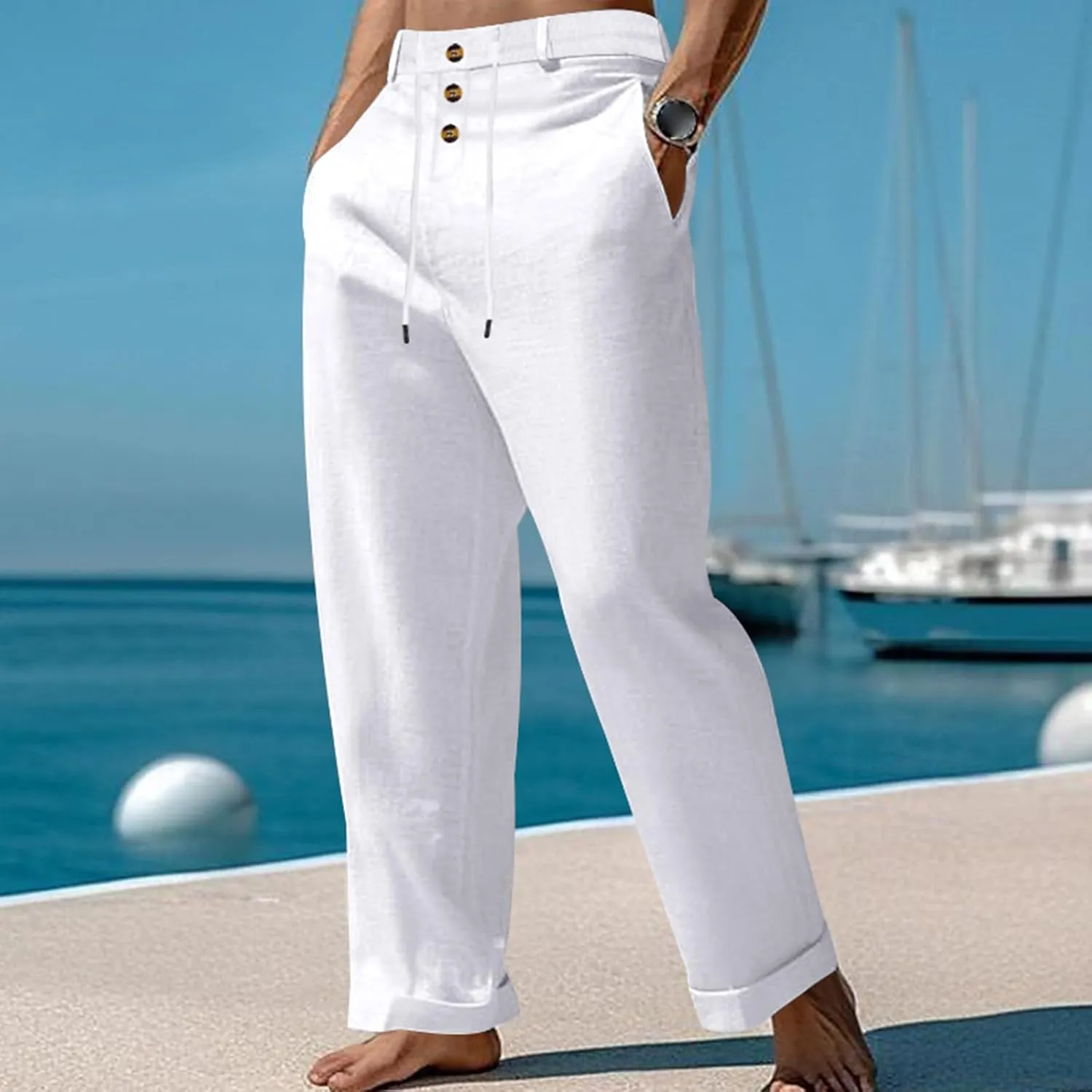 Mens Casual Linen Loose Fit Elastic Drawstring Lightweight Straight Legs Summer Beach Yoga Long Trousers Pants