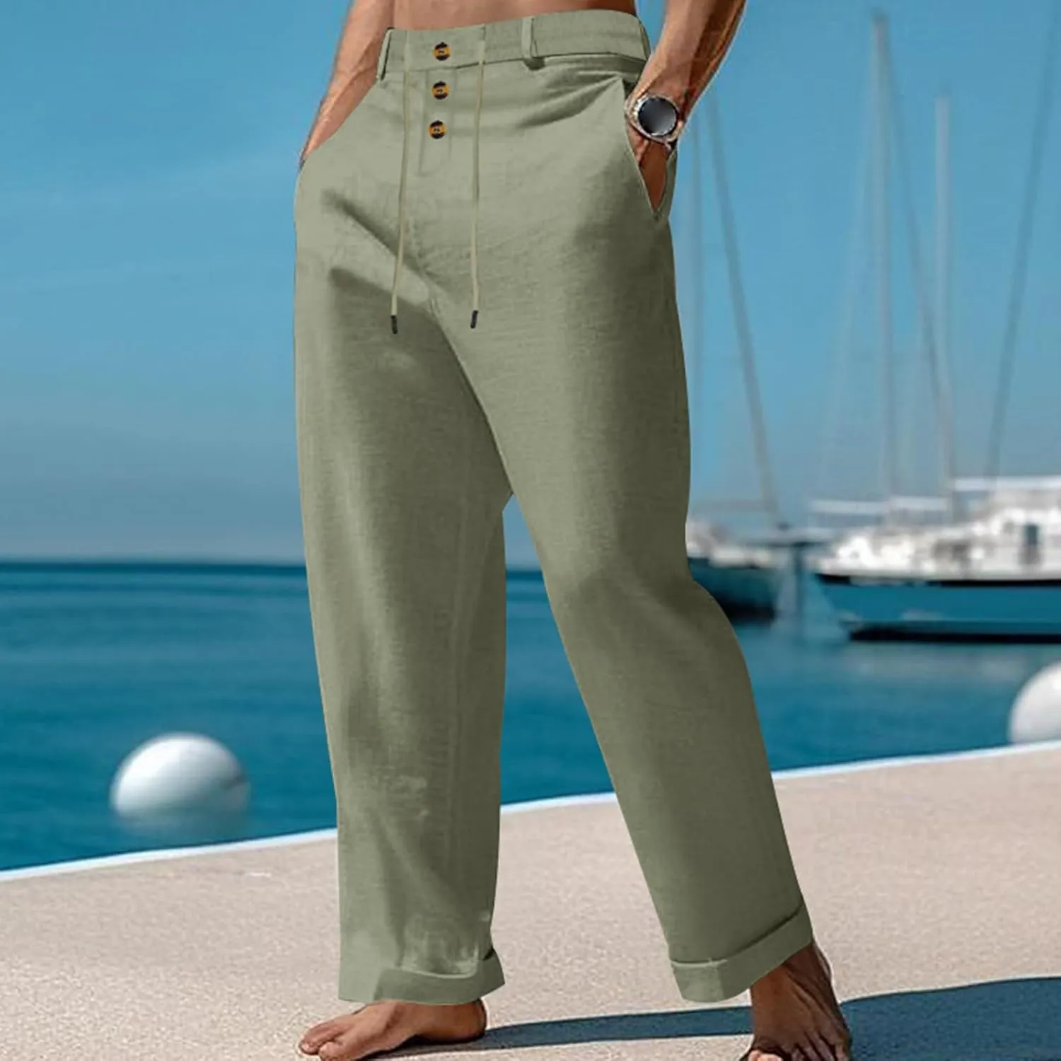 Mens Casual Linen Loose Fit Elastic Drawstring Lightweight Straight Legs Summer Beach Yoga Long Trousers Pants