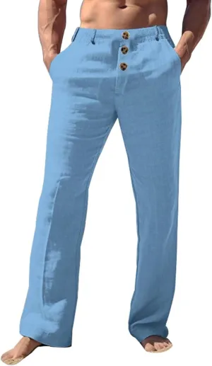 Mens Casual Linen Loose Fit Elastic Drawstring Waist Straight Legs Lightweight Summer Beach Yoga Long Pants
