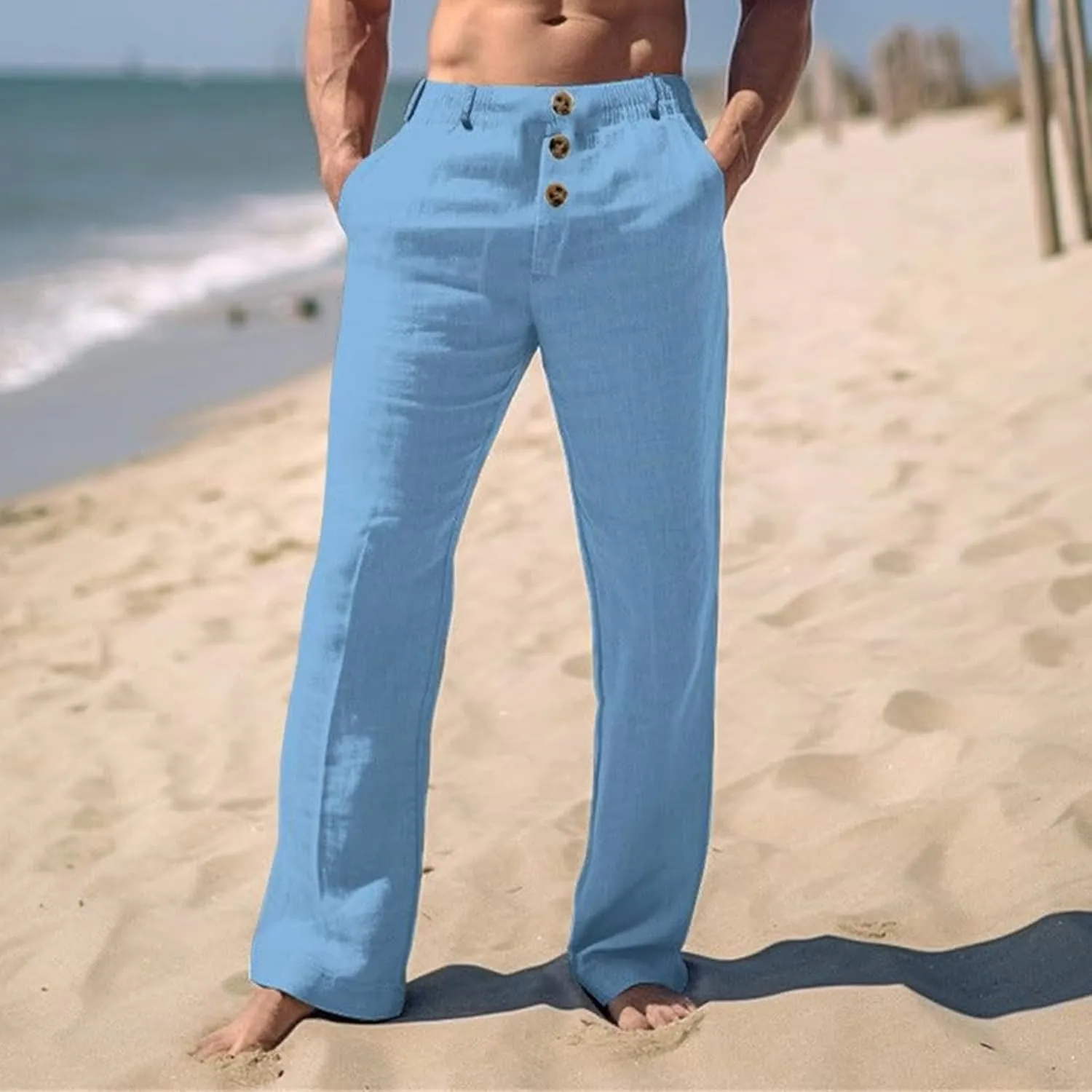 Mens Casual Linen Loose Fit Elastic Drawstring Waist Straight Legs Lightweight Summer Beach Yoga Long Pants