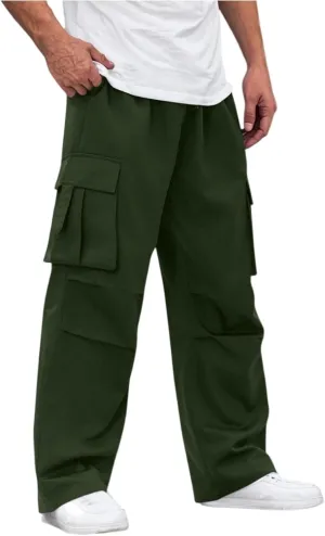 Men's Casual Loose Cargo Pants Straight Multi-Pocket Work Pants