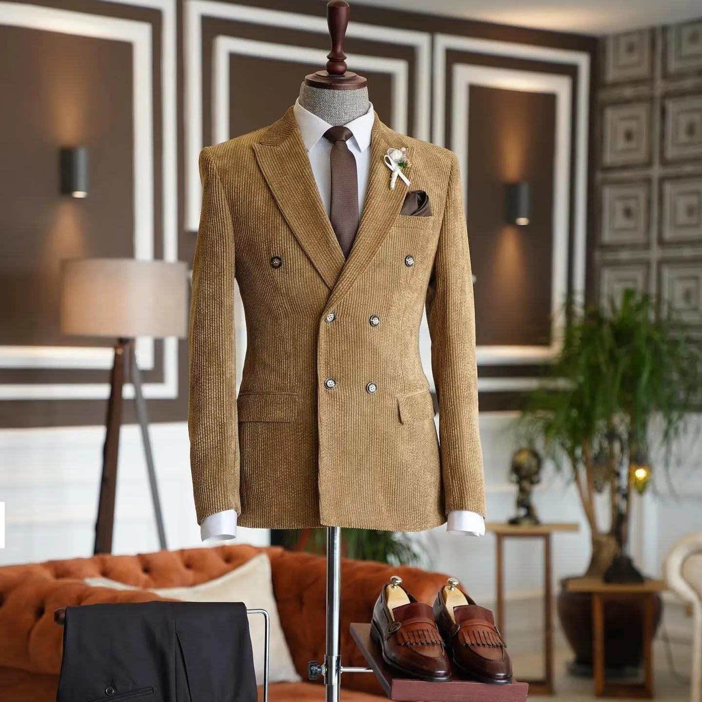 Mens Corduroy Jacket Double Breasted Blazer for Men Classic Suit Jacket Sport Coat Formal Casual Suit Blazer