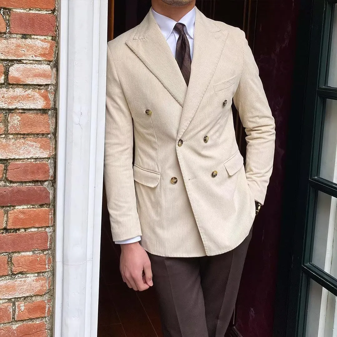 Mens Corduroy Jacket Double Breasted Blazer for Men Classic Suit Jacket Sport Coat Formal Casual Suit Blazer