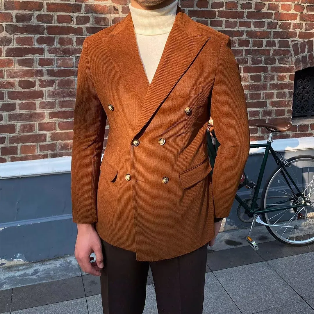 Mens Corduroy Jacket Double Breasted Blazer for Men Classic Suit Jacket Sport Coat Formal Casual Suit Blazer