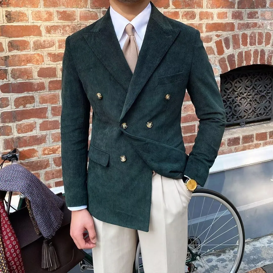 Mens Corduroy Jacket Double Breasted Blazer for Men Classic Suit Jacket Sport Coat Formal Casual Suit Blazer