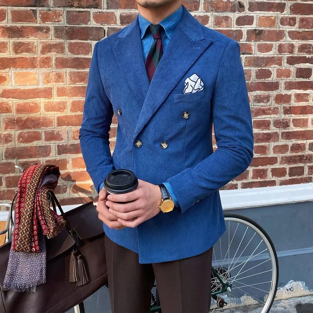 Mens Corduroy Jacket Double Breasted Blazer for Men Classic Suit Jacket Sport Coat Formal Casual Suit Blazer