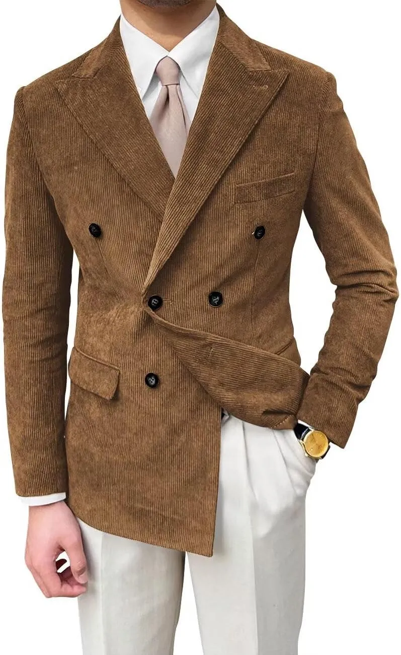Mens Corduroy Jacket Double Breasted Blazer for Men Classic Suit Jacket Sport Coat Formal Casual Suit Blazer