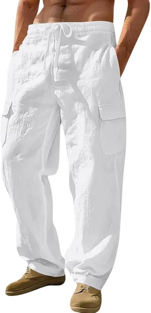 Men's Drawstring Multi Pocket Casual Cargo Pants Hiking Cotton Pants