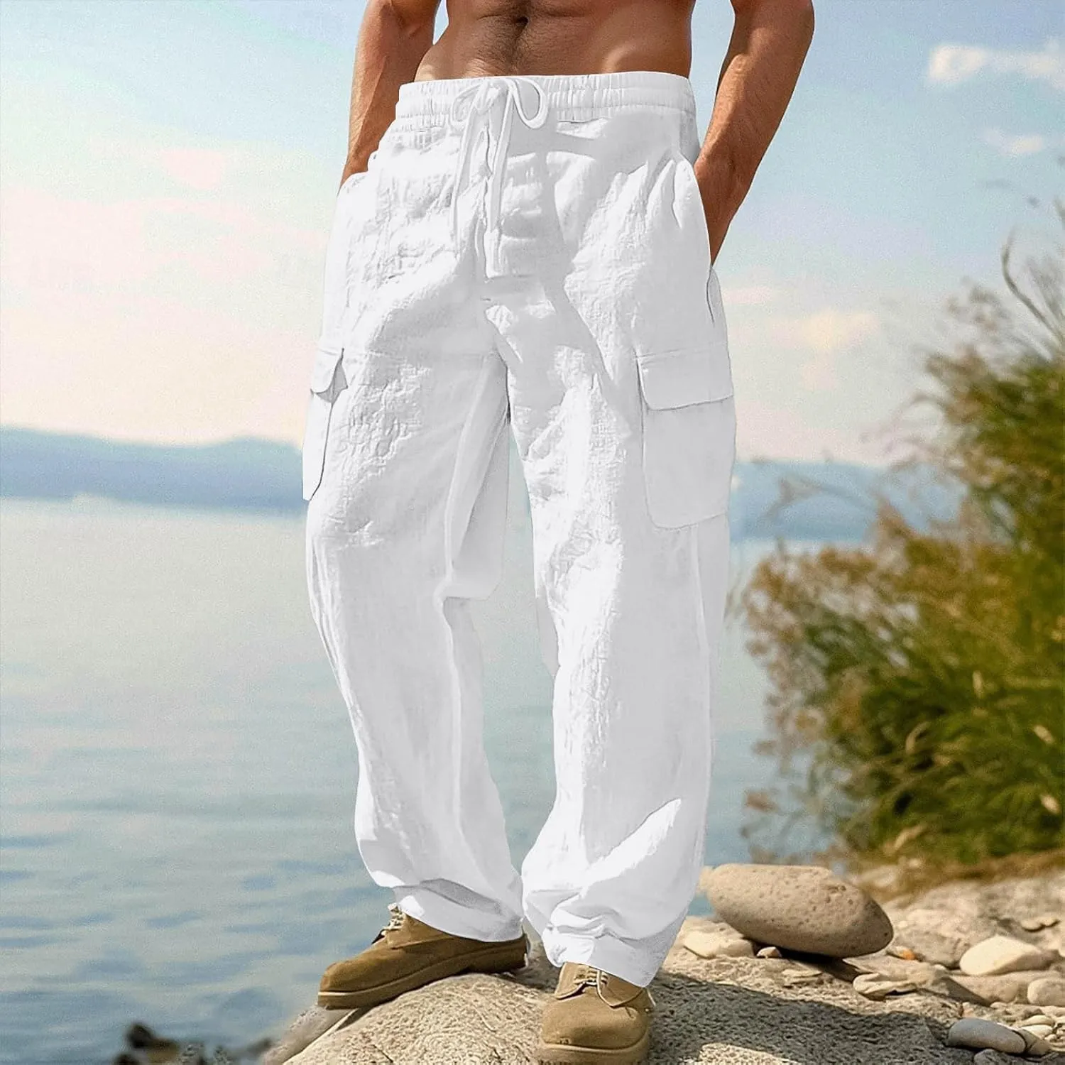 Men's Drawstring Multi Pocket Casual Cargo Pants Hiking Cotton Pants